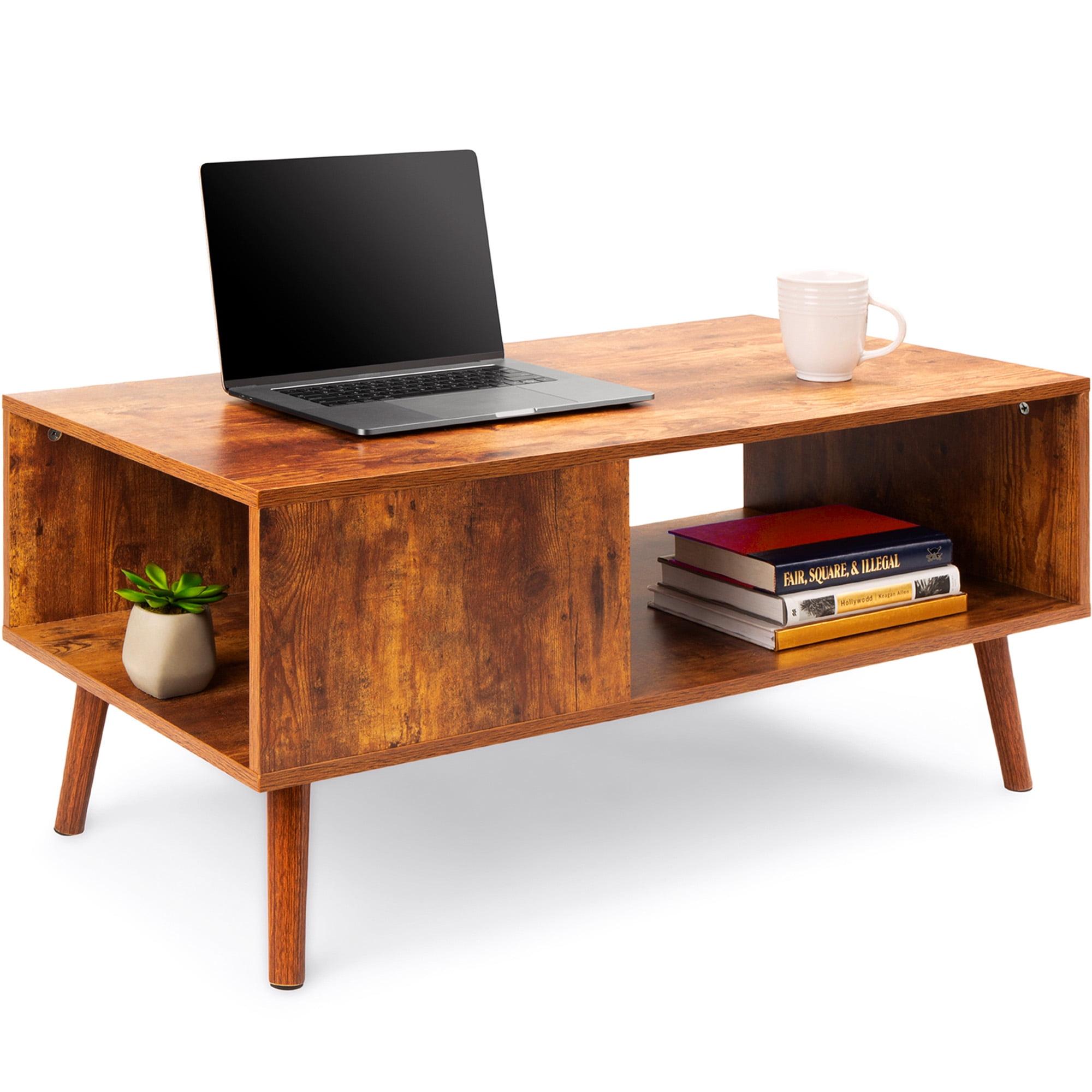 Mid-Century Modern Brown Wood Coffee Table with Storage Shelf