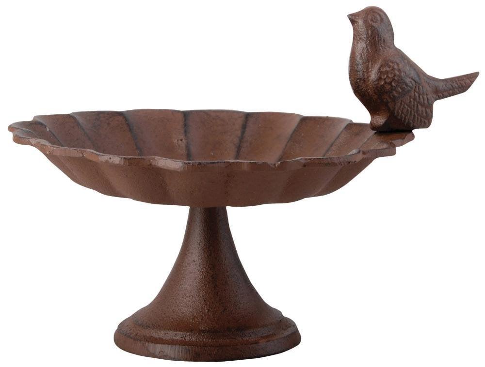 Small Antique Brown Cast Iron Pedestal Birdbath with Bird