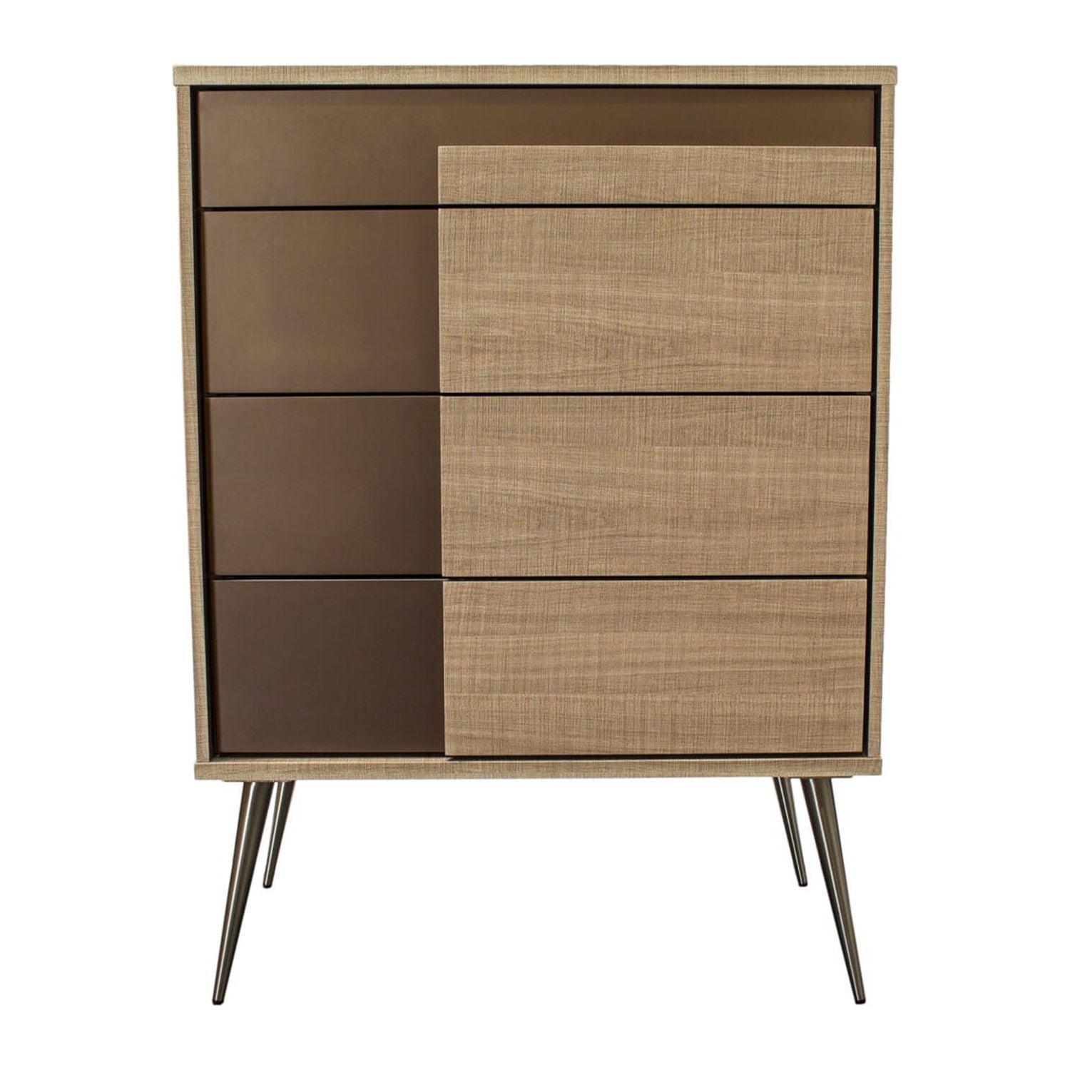 Midcentury Taupe Bronze 4-Drawer Wood and Chrome Chest