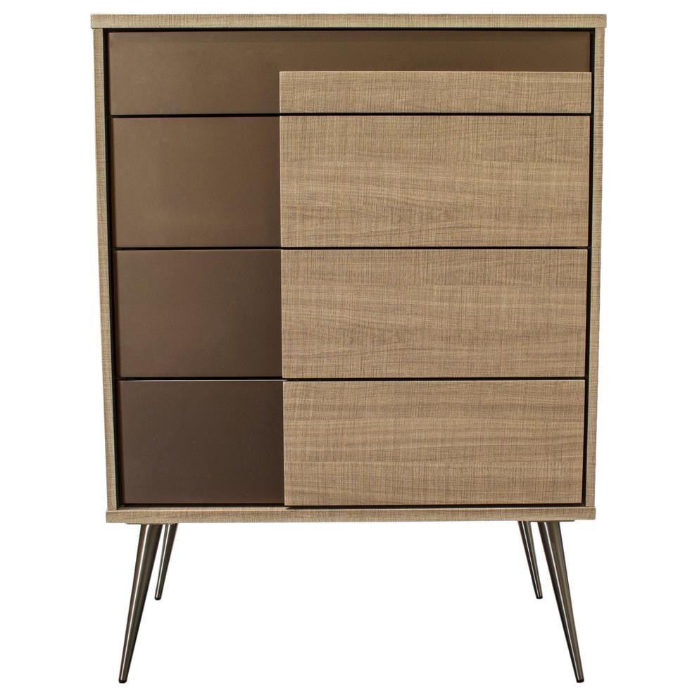 Midcentury Taupe Bronze 4-Drawer Wood and Chrome Chest