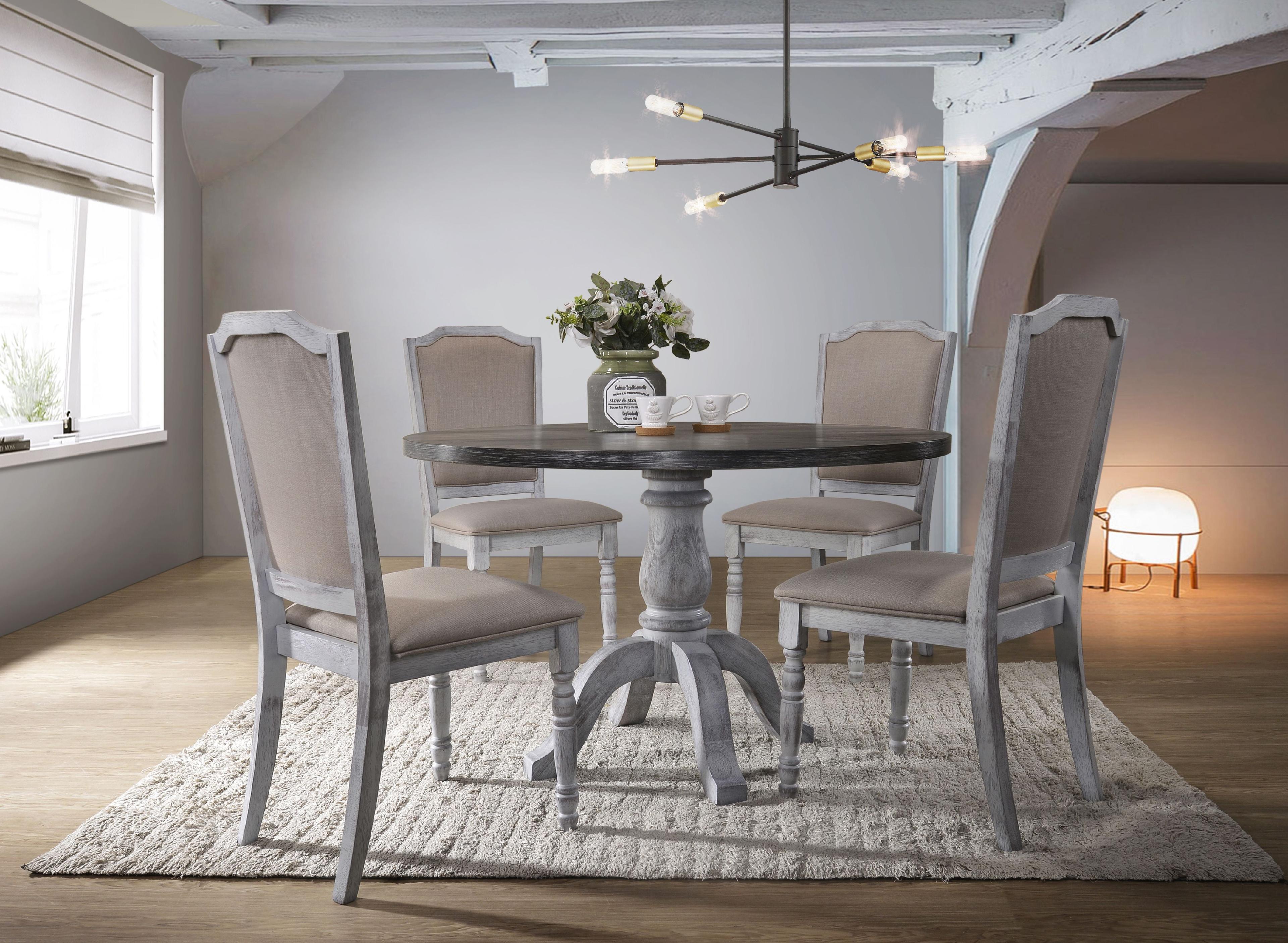 Rustic White Whitewash Wood 5-Piece Round Dining Set with Beige Chairs