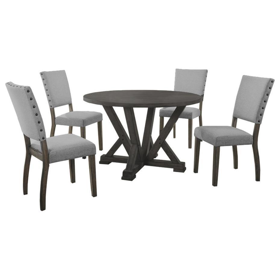 Antique Gray Solid Wood Round Dining Table Set with 4 Light Gray Upholstered Chairs