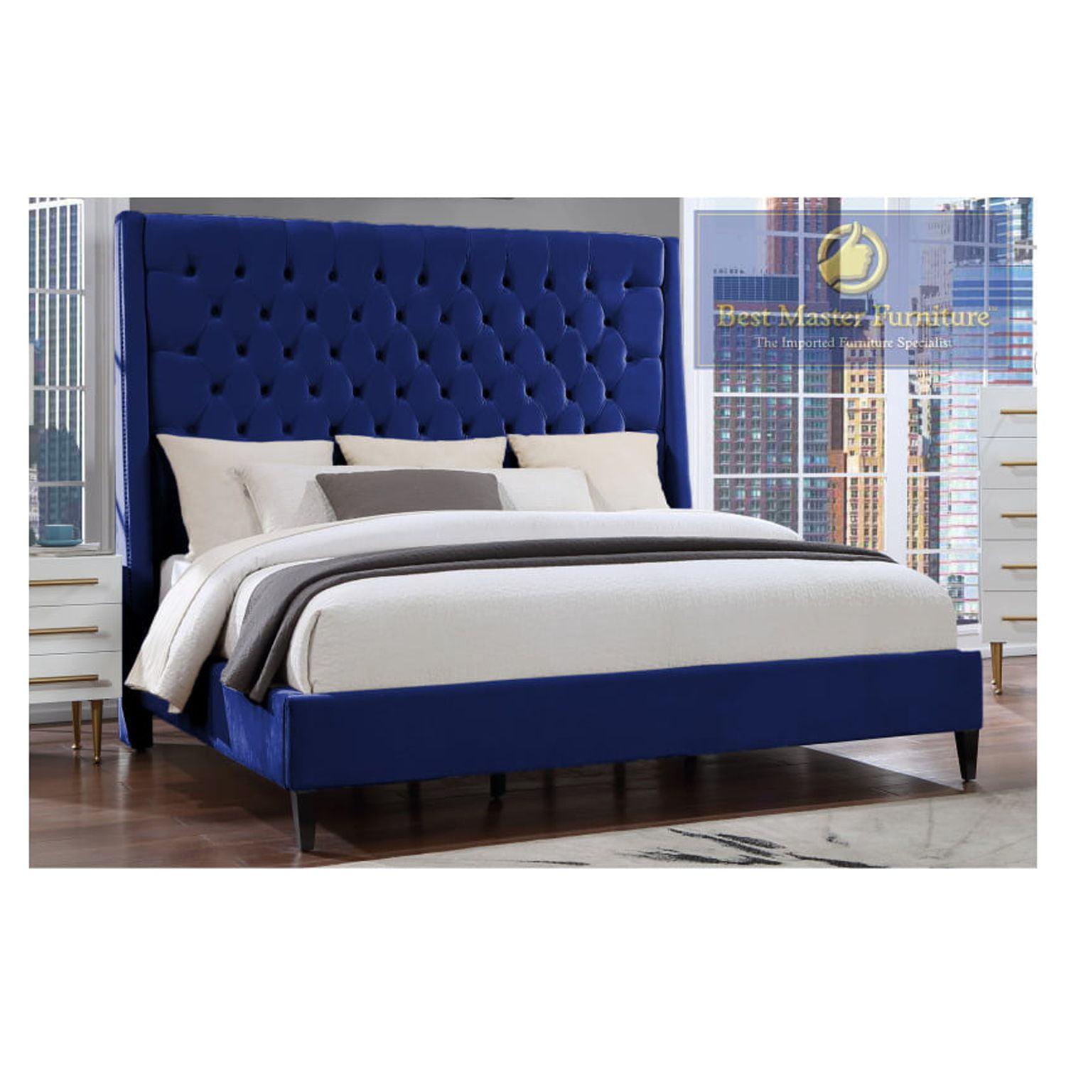 Best Master Bellanova Navy Blue Tufted Velvet Queen Platform Bed