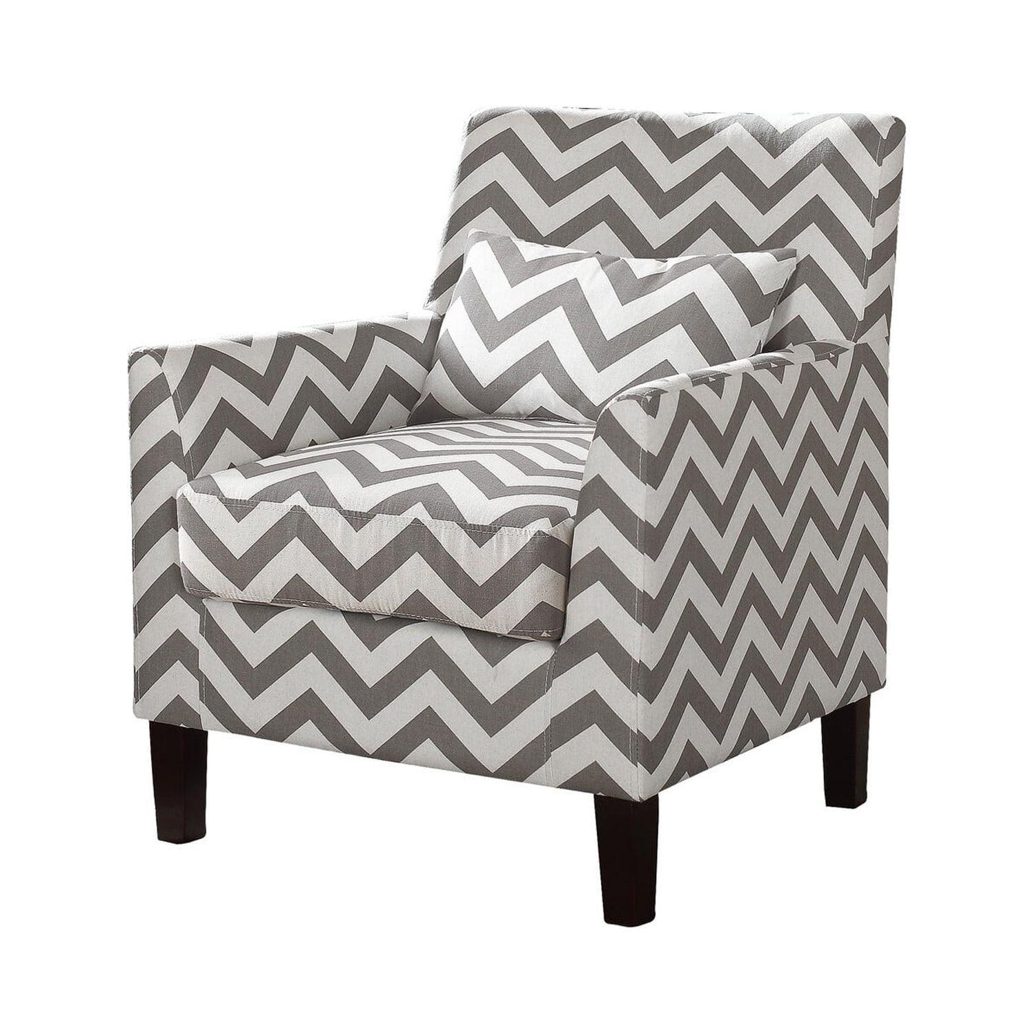 Chevron Gray Linen and Wood Straight Arm Accent Chair