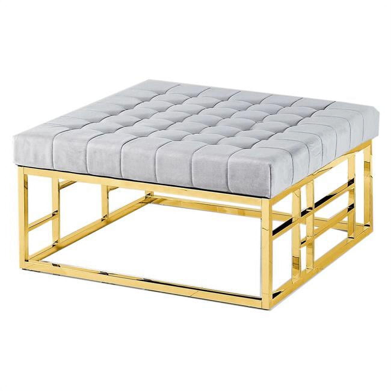 Luxurious Gray Velvet Tufted Footstool with Gold Plated Base, 36"
