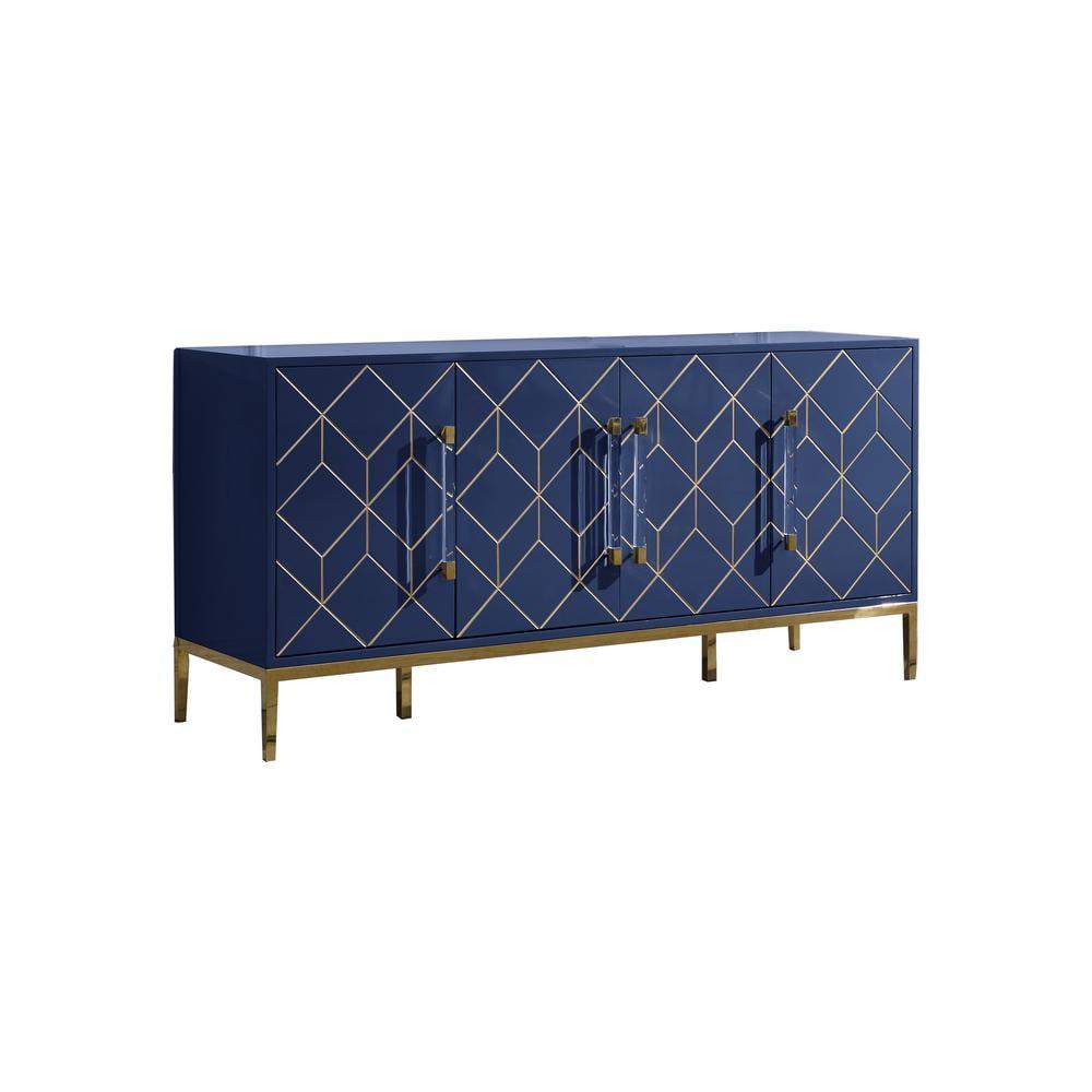 Modern Navy 65" Wood Sideboard with Gold Trim and Soft-Close Drawers