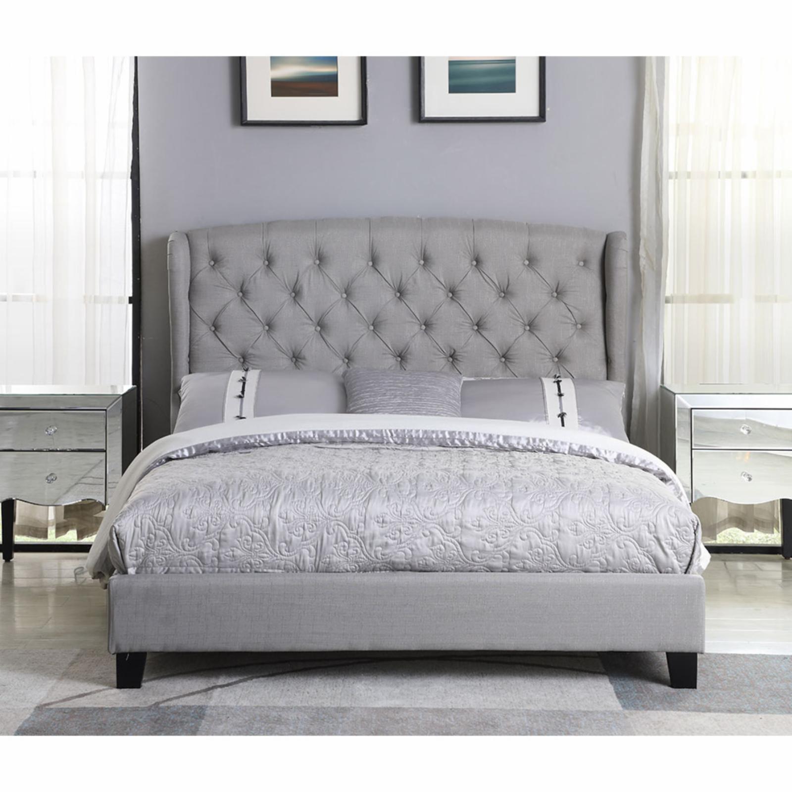 Elegant King-Sized Linen Upholstered Platform Bed with Tufted Headboard