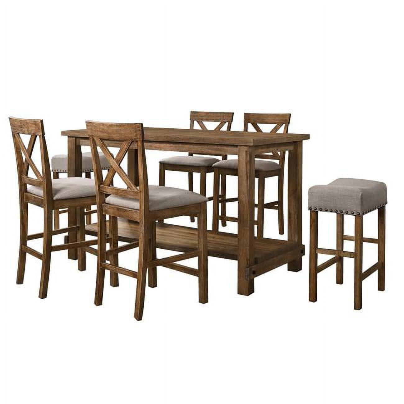 Janet 7-Piece Driftwood Pub Dining Set with Linen-Blend Chairs