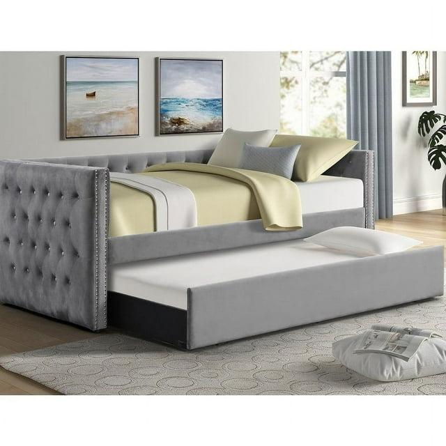 Best Master Furniture Nikora 86" Tufted Fabric Daybed with Trundle in Gray