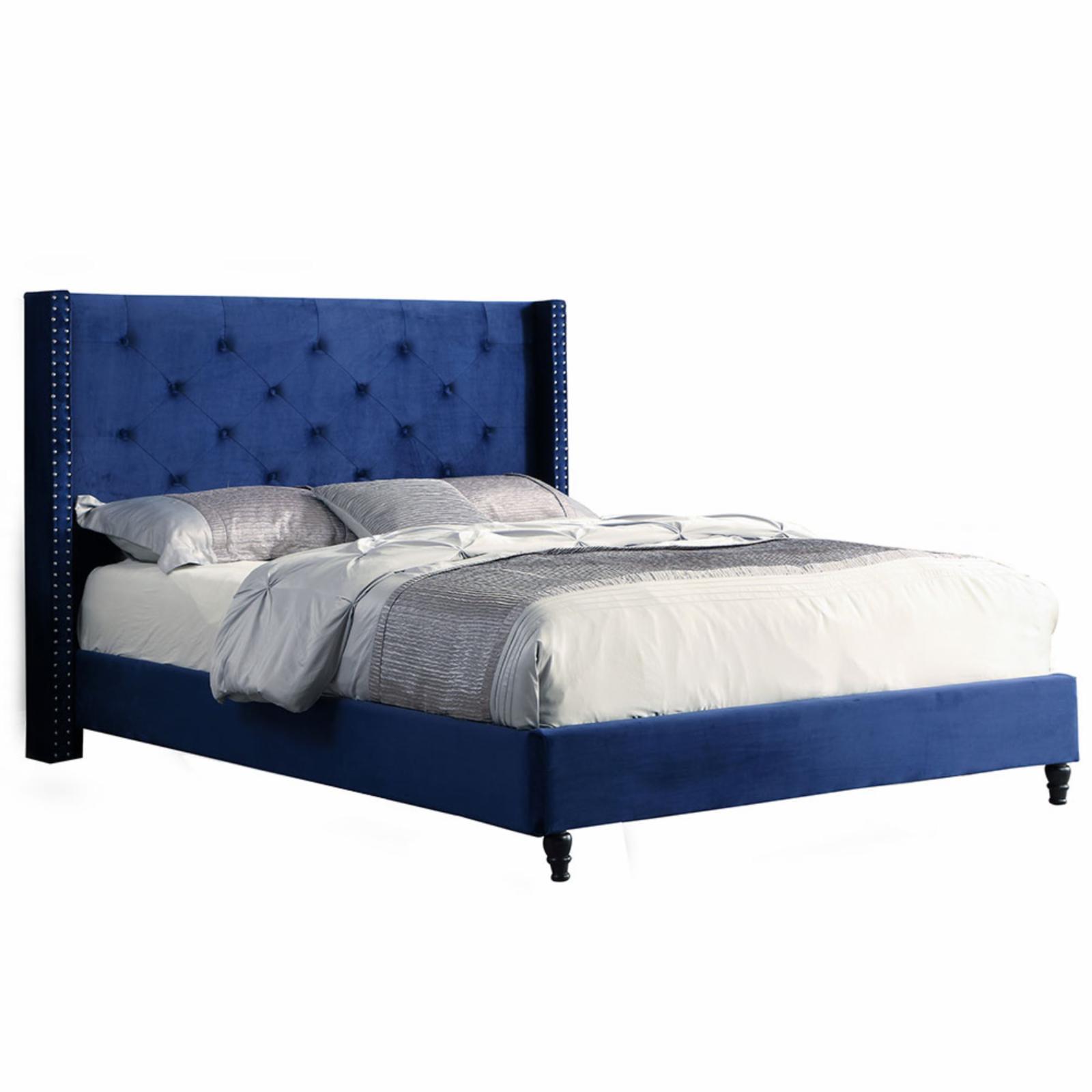 King Blue Velvet Upholstered Tufted Wingback Bed with Nailhead Trim