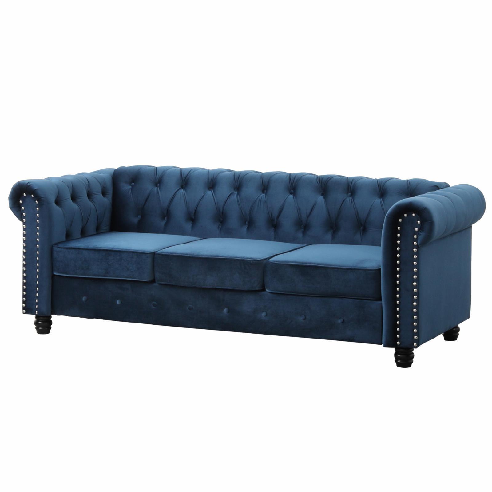 Venice 82" Blue Velvet Chesterfield Sofa with Nailhead Trim