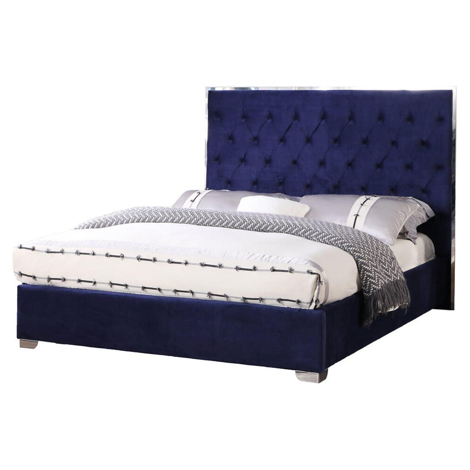 Elegant Velvet Tufted King Platform Bed with Chrome Accents