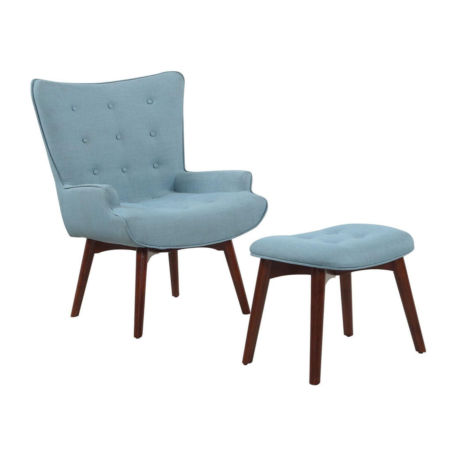 Capri Blue Tufted Accent Chair with Ottoman and Walnut Wood Frame