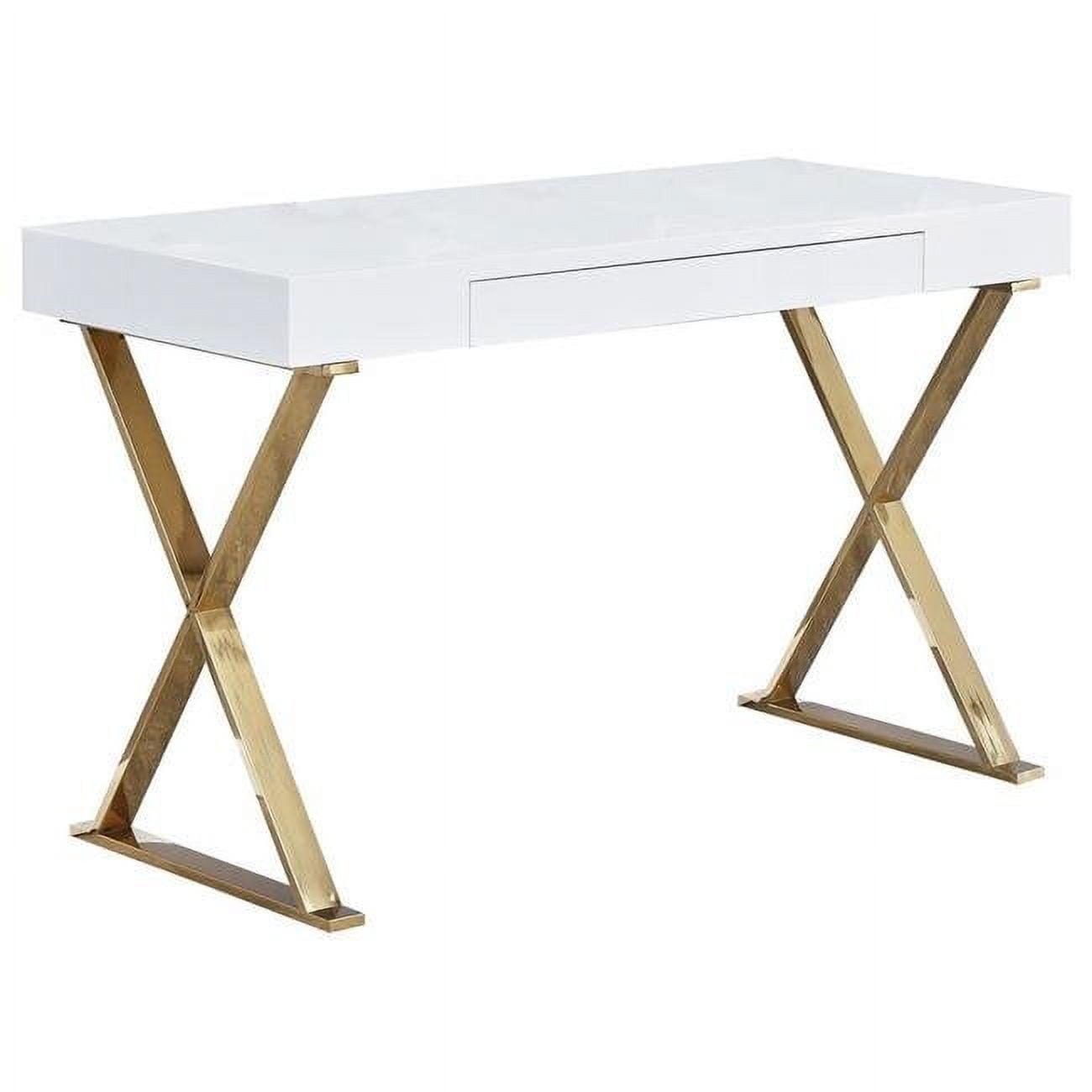 White Poplar Wood Writing Desk with Drawer and Gold Legs