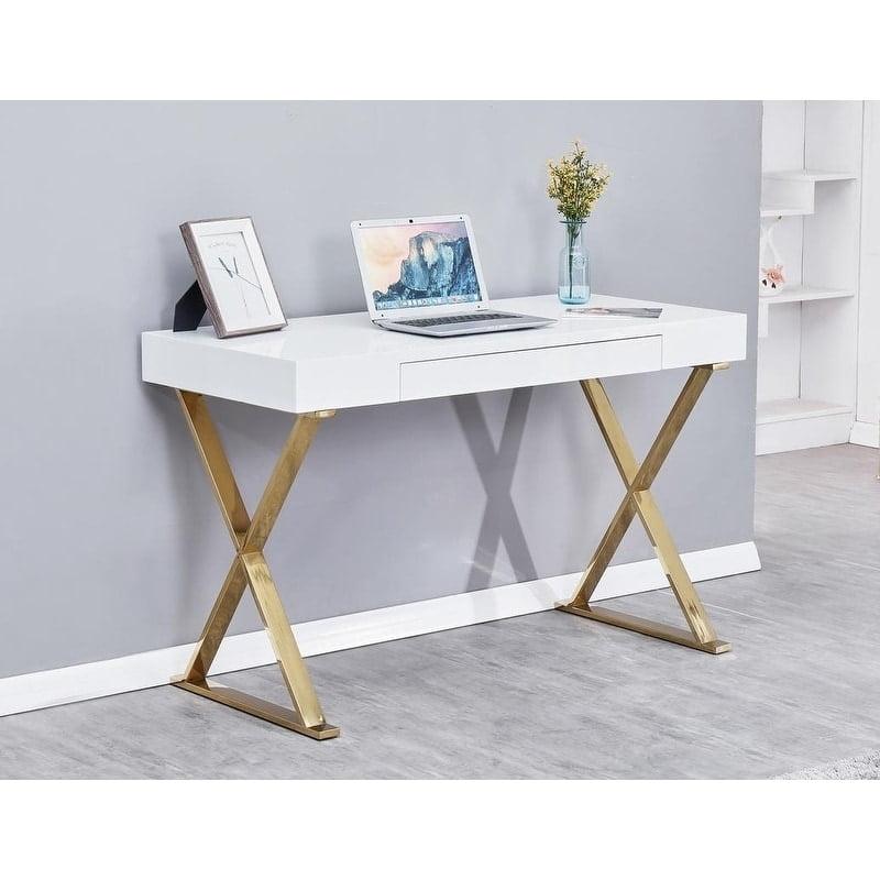 White Poplar Wood Writing Desk with Drawer and Gold Legs