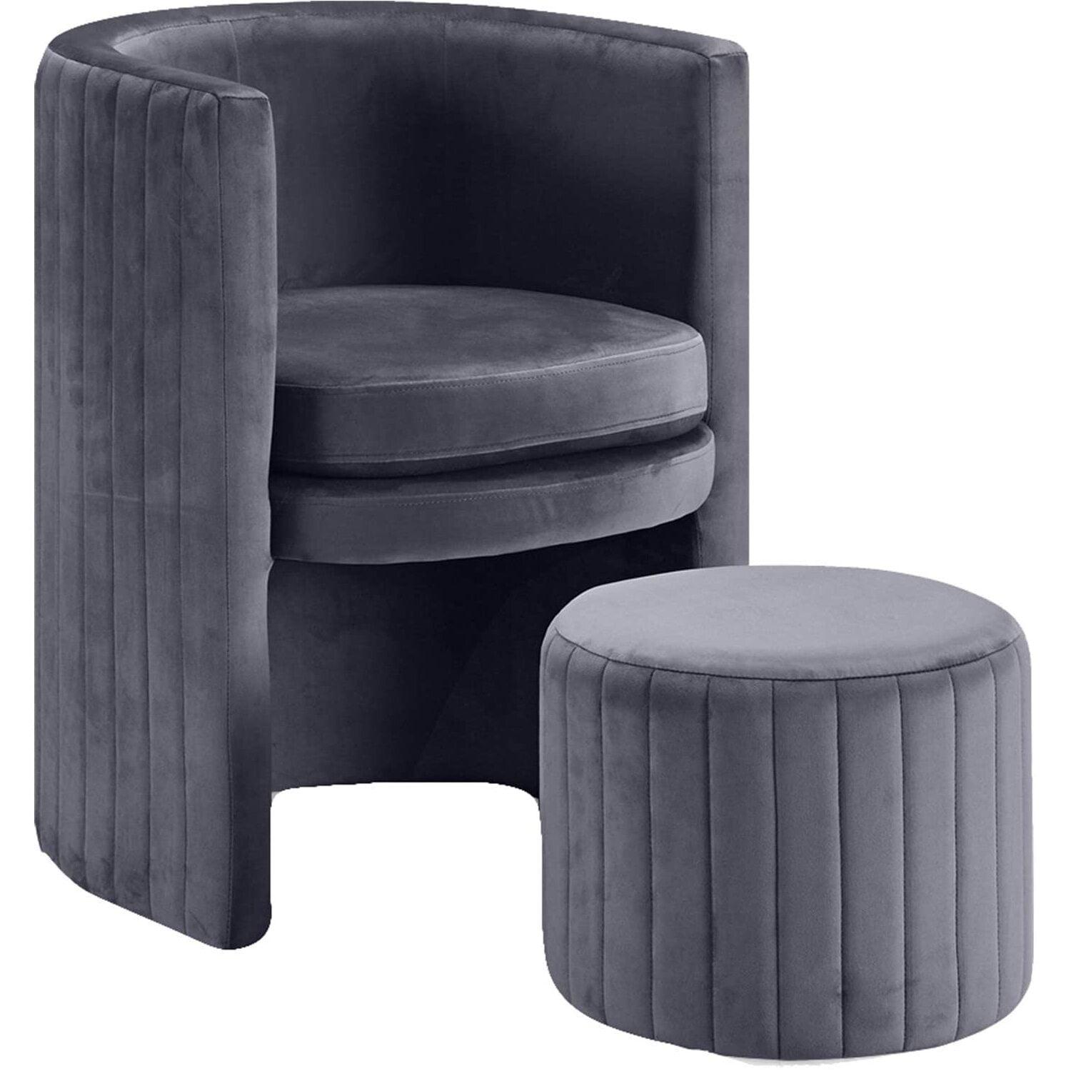 Elegant Gray Velvet Barrel Accent Chair and Ottoman Set