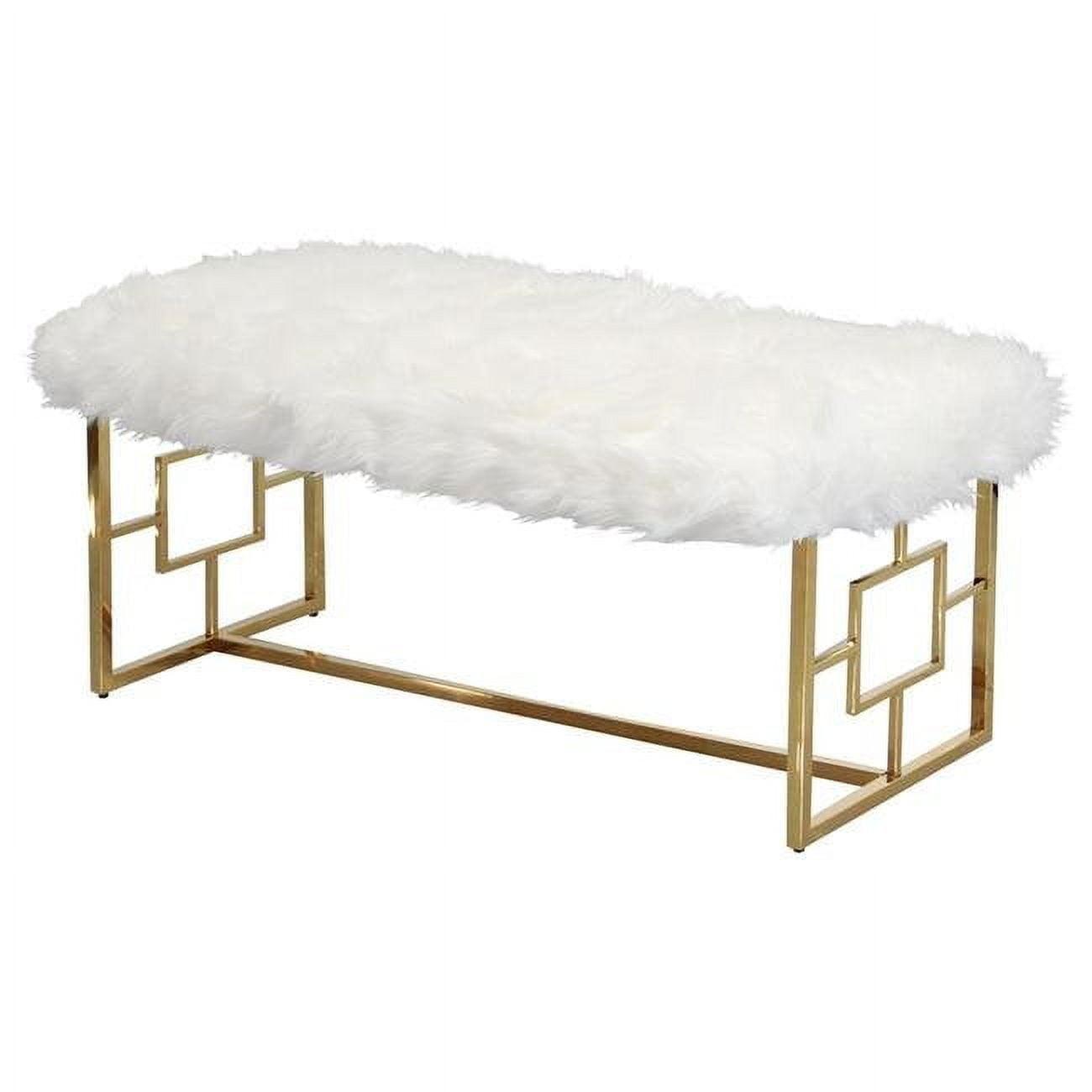 Contemporary White Faux Fur and Gold Stainless Steel Bench