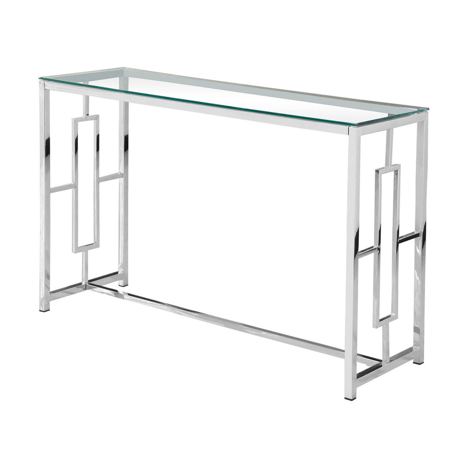 Silver Stainless Steel and Glass Console Table with Clear Top