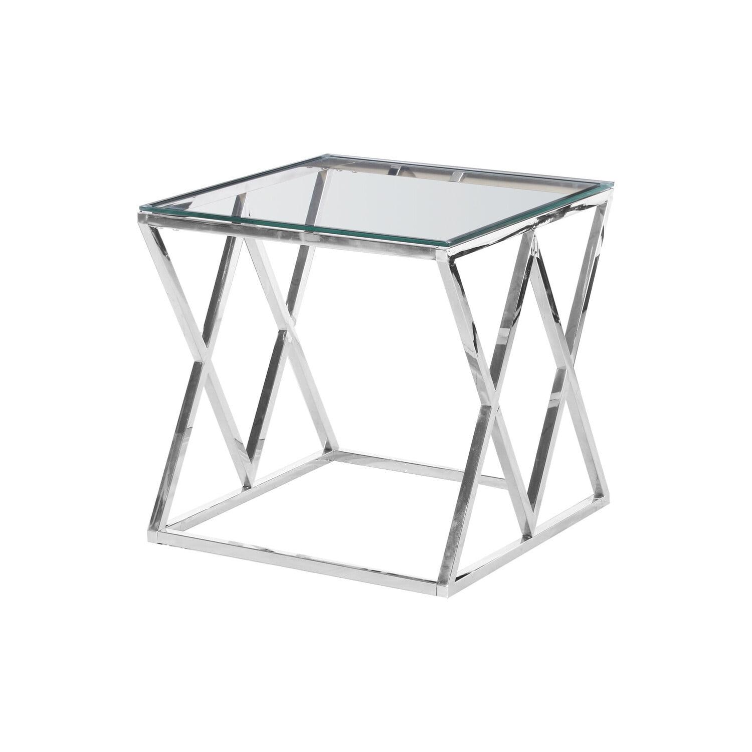 Contemporary Silver Stainless Steel Square End Table with Clear Glass Top