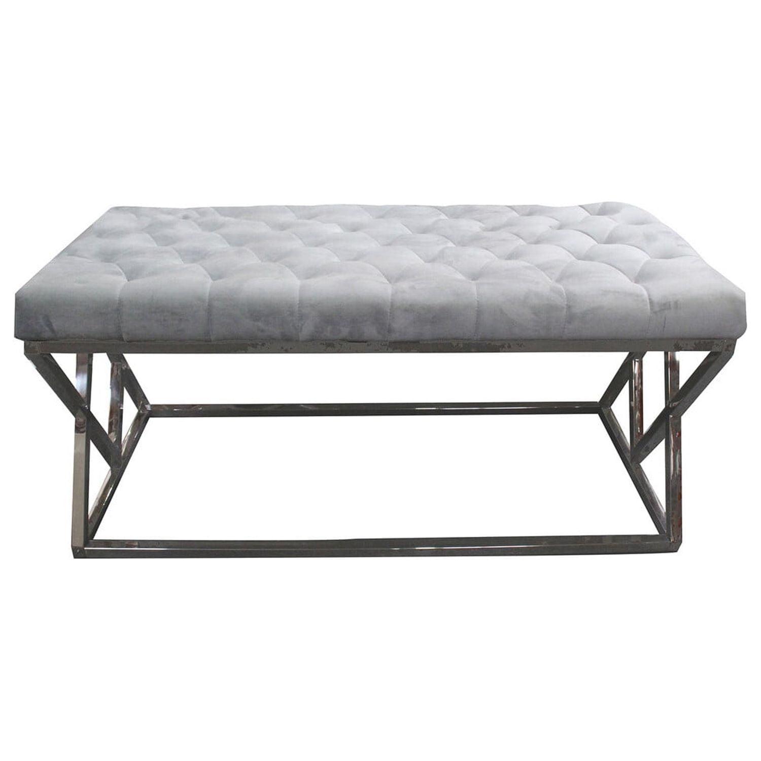 Contemporary Gray Velvet Tufted Bench with Stainless Steel Legs