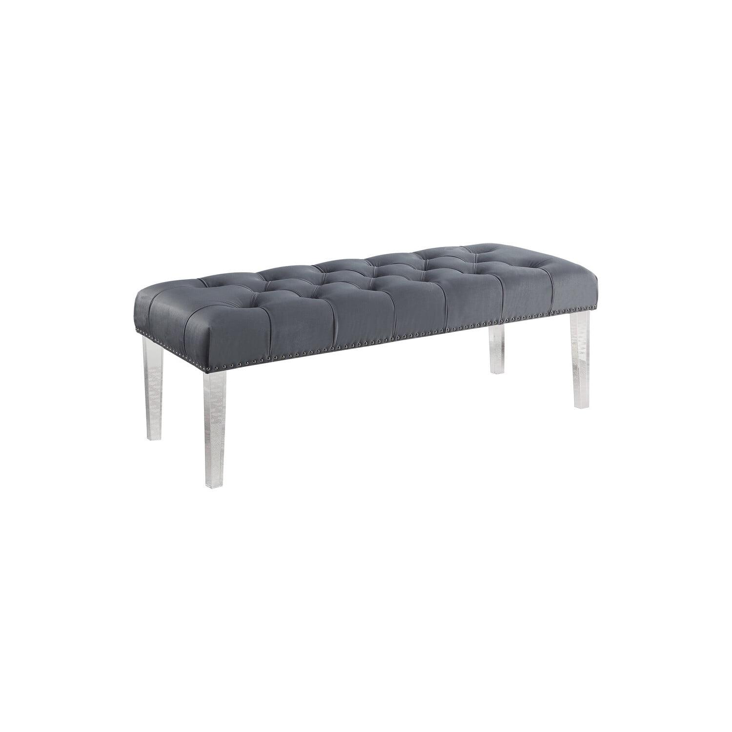 Contemporary Gray Suede Tufted Bench with Acrylic Legs