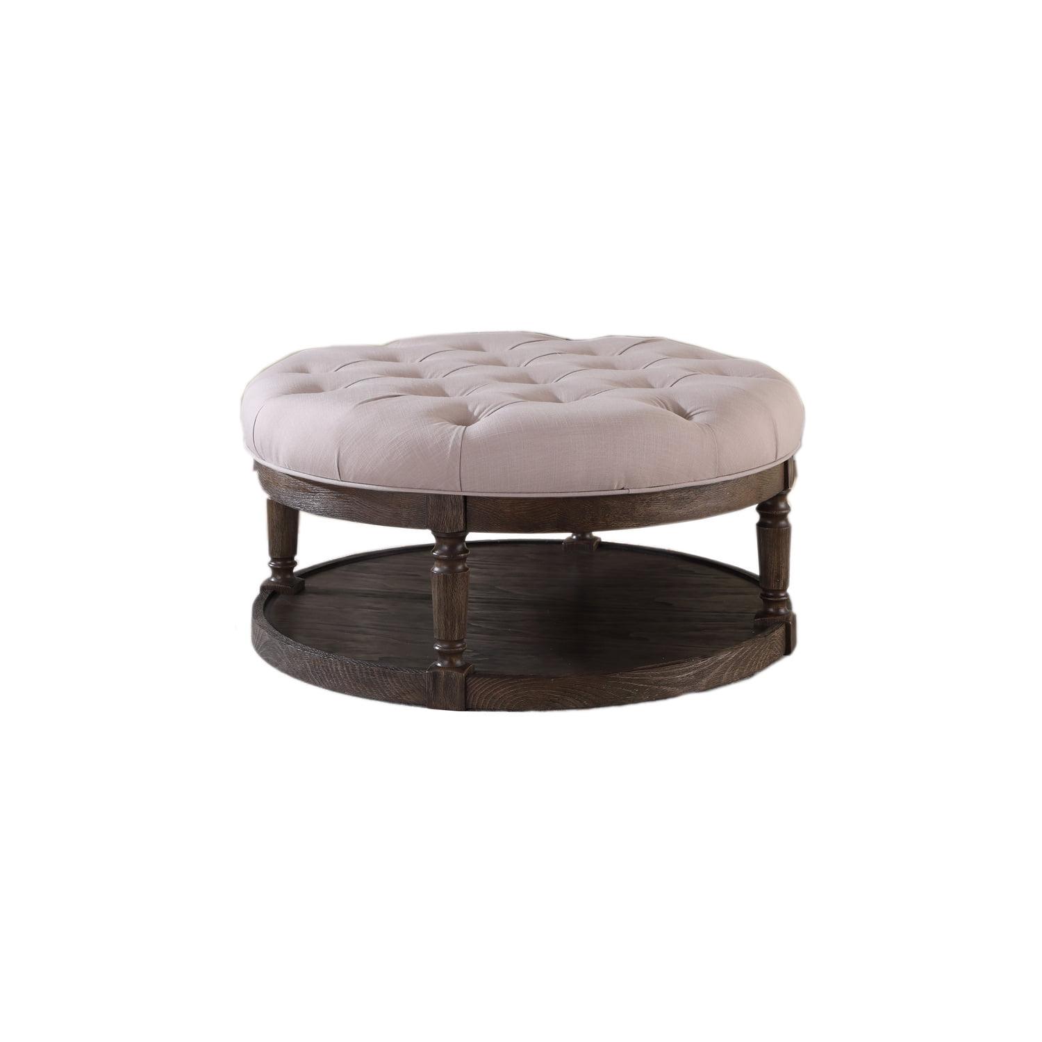 Best Master Tufted Fabric Upholstered Round Ottoman in Rustic Gray/Beige