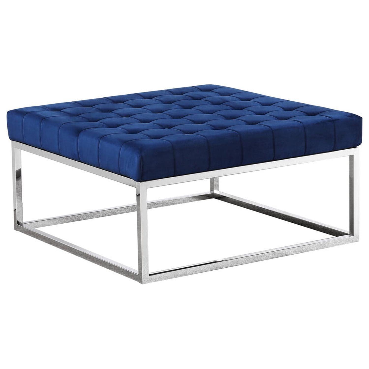 Navy Blue Velvet Tufted Square Ottoman Coffee Table with Silver Base