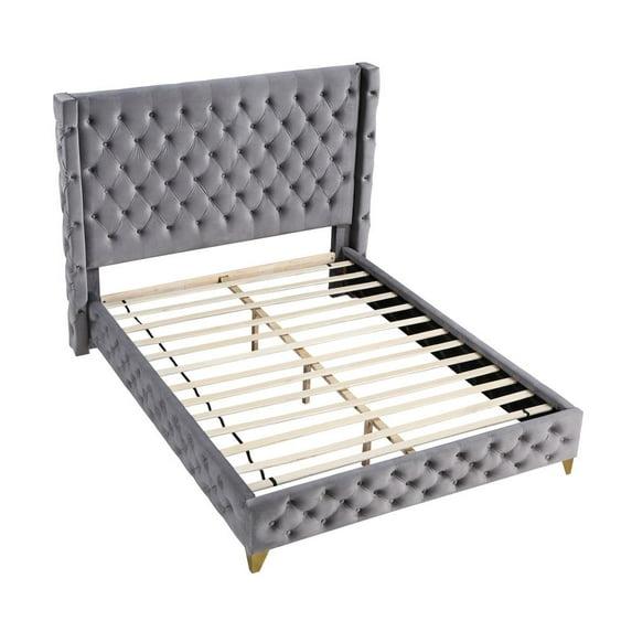 Best Master Wood Frame King Platform Bed with Tufted Velvet Upholstery in Gray