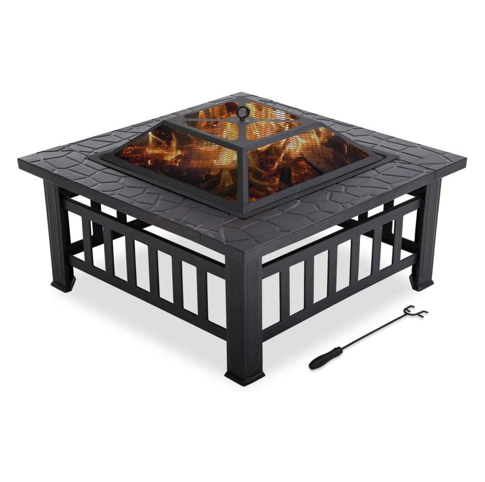 FDW Fire Pit 32in Square Metal Firepit Patio BBQ Fireplace with Charcoal Rack Mesh Cover Poker for Camping Bonfire Picnic Outdoor Heating