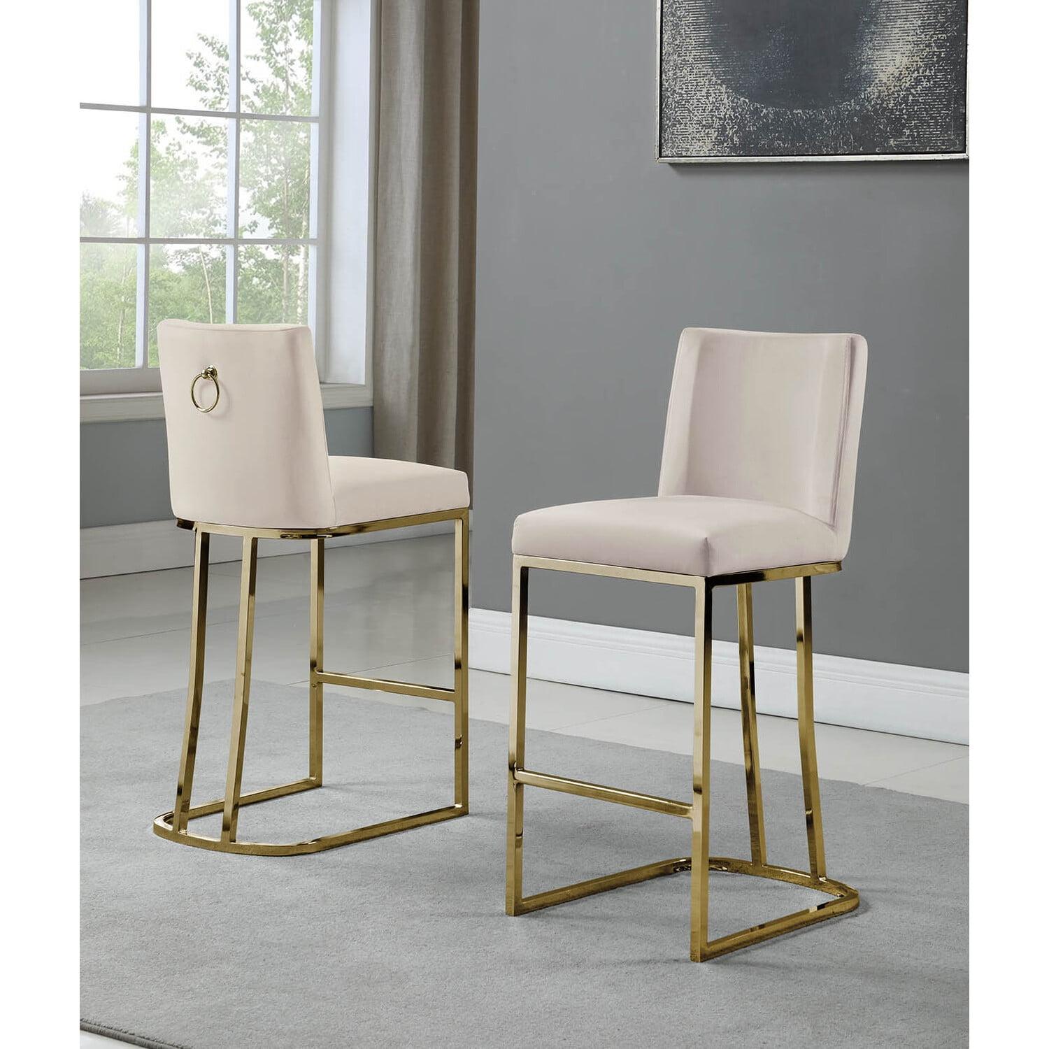 Beige Cream Velvet Counter Stools with Gold Chrome Base, Set of 2