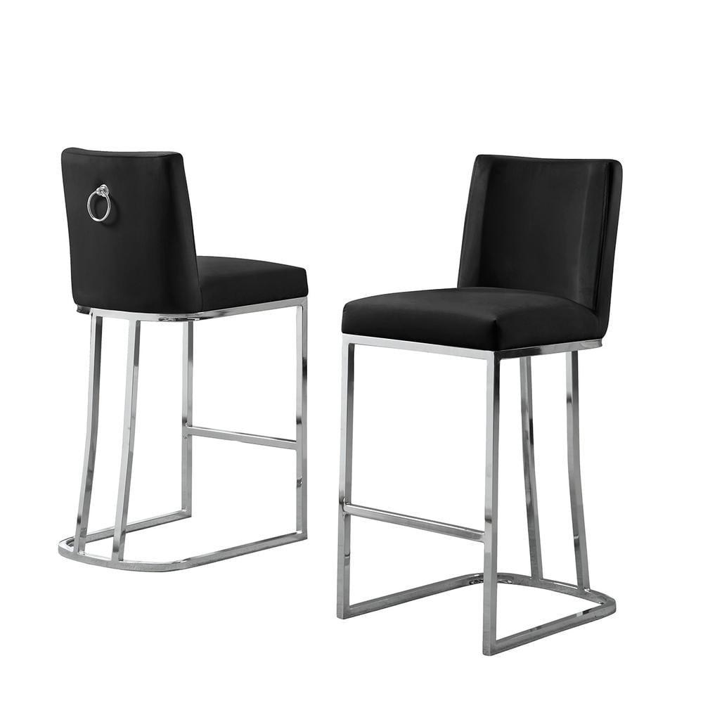 Black Velvet Counter Stools with Silver Chrome Base, Set of 2