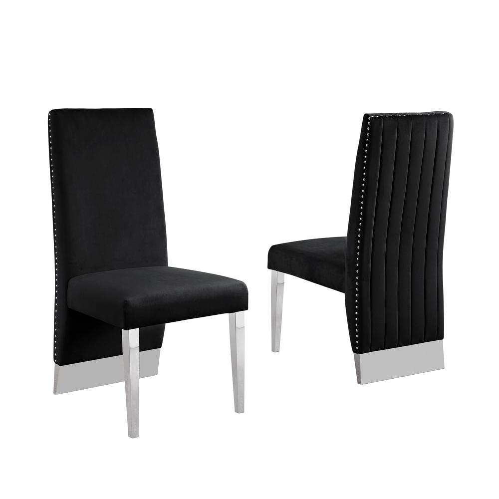 Black Velvet Tufted Side Chairs with Chrome Legs, Set of 2
