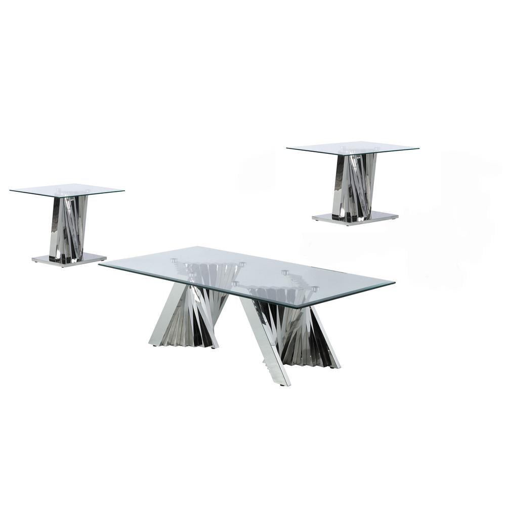 Geometric Clear Glass Coffee Table Set with Silver Stainless Steel Base