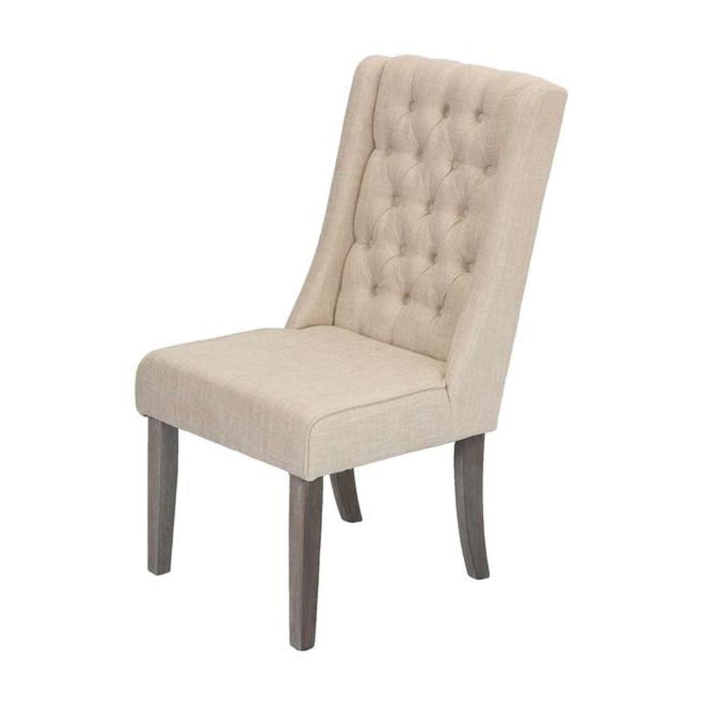 Beige Linen Upholstered Tufted Side Chair with Rustic Wood Legs