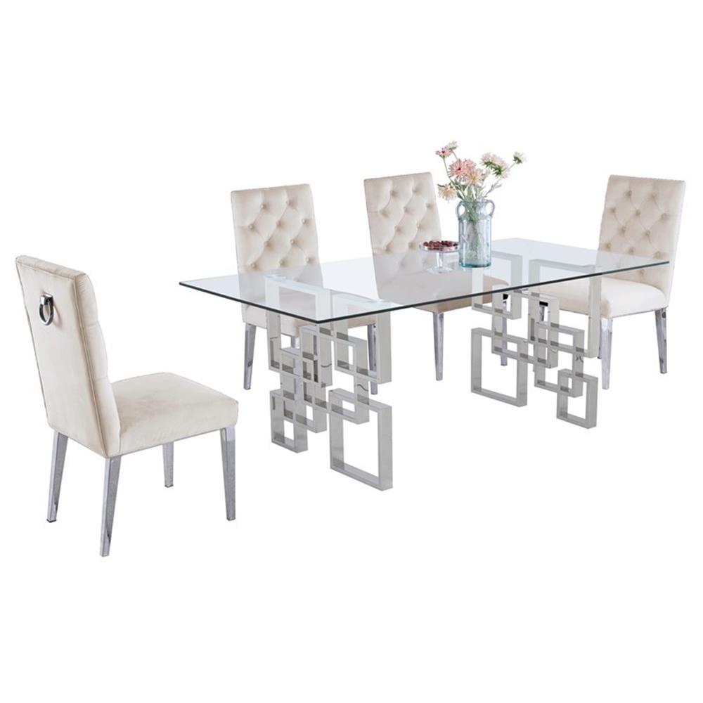 Rectangular Glass Dining Set with Beige Velvet Chairs and Silver Base