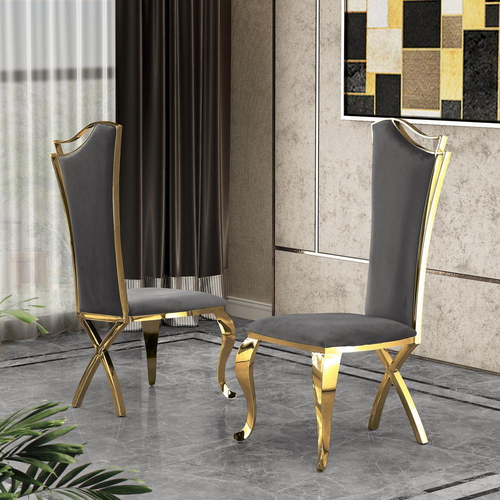 Elegant Side Chairs in Dark Gray Velvet and Gold Stainless Steel (Set of 2)