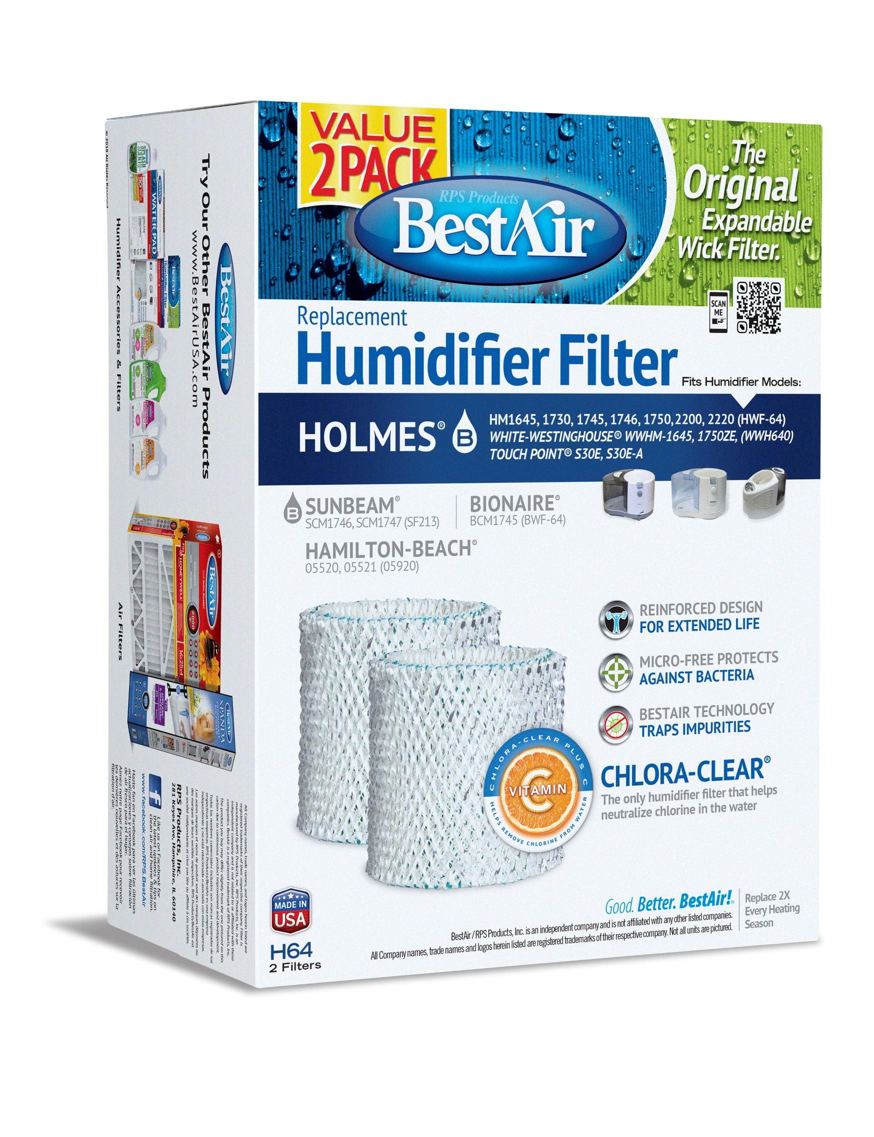 BestAir 2pk H64 Humidifier Replacement Filter for Holmes Humidifiers: Wick Filter, Captures Minerals & Bacteria, 10.1" Height