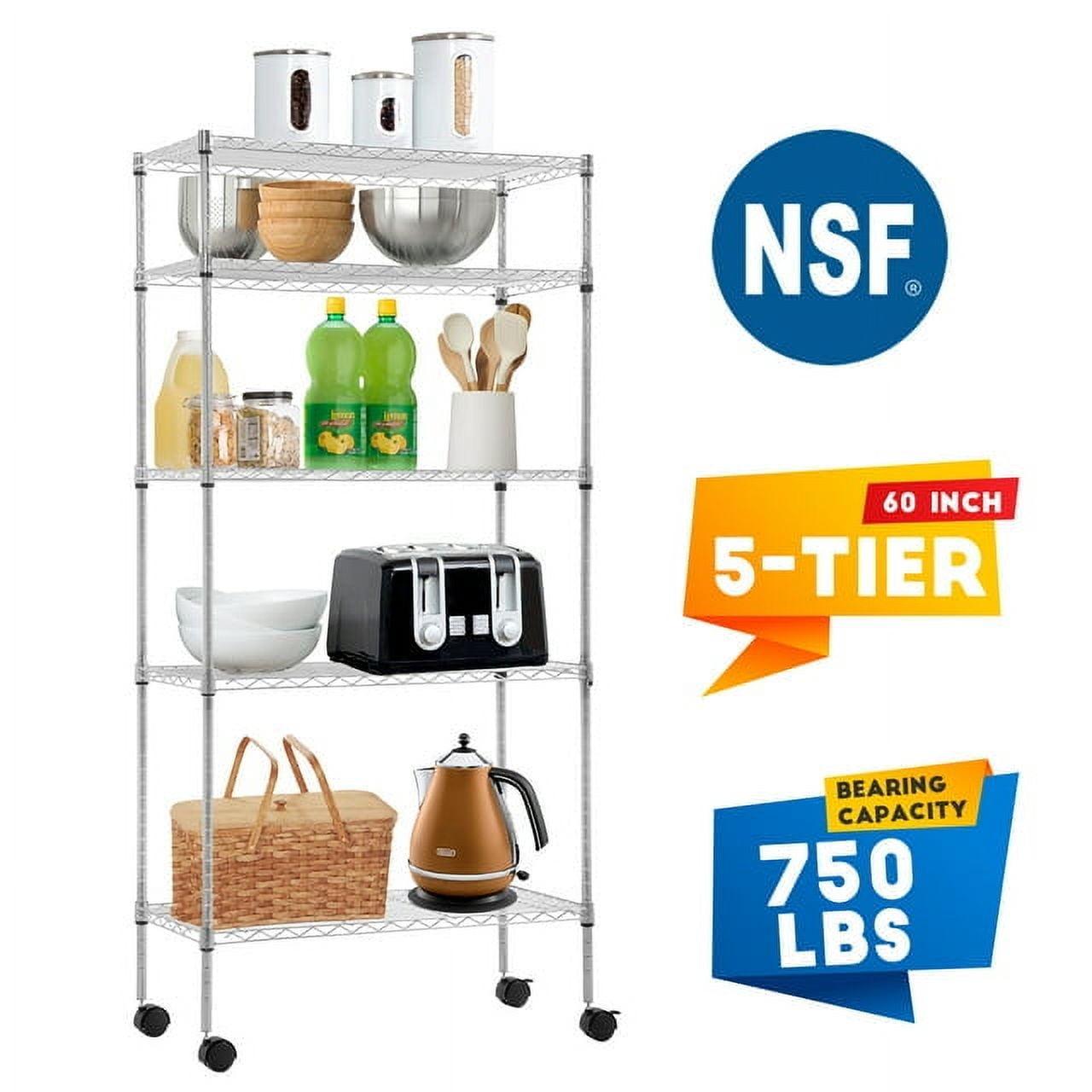 Adjustable Chrome 5-Tier Metal Wire Shelving Unit with Wheels