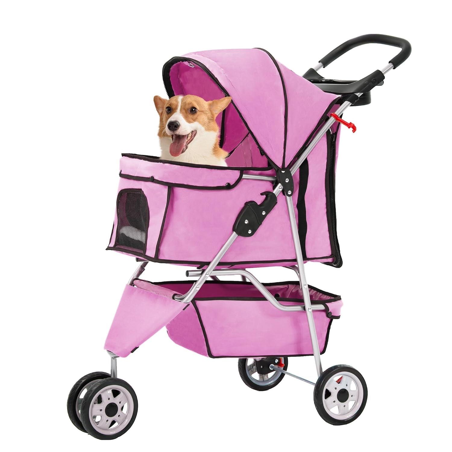 Pink 3-Wheel Foldable Waterproof Dog Stroller with Storage