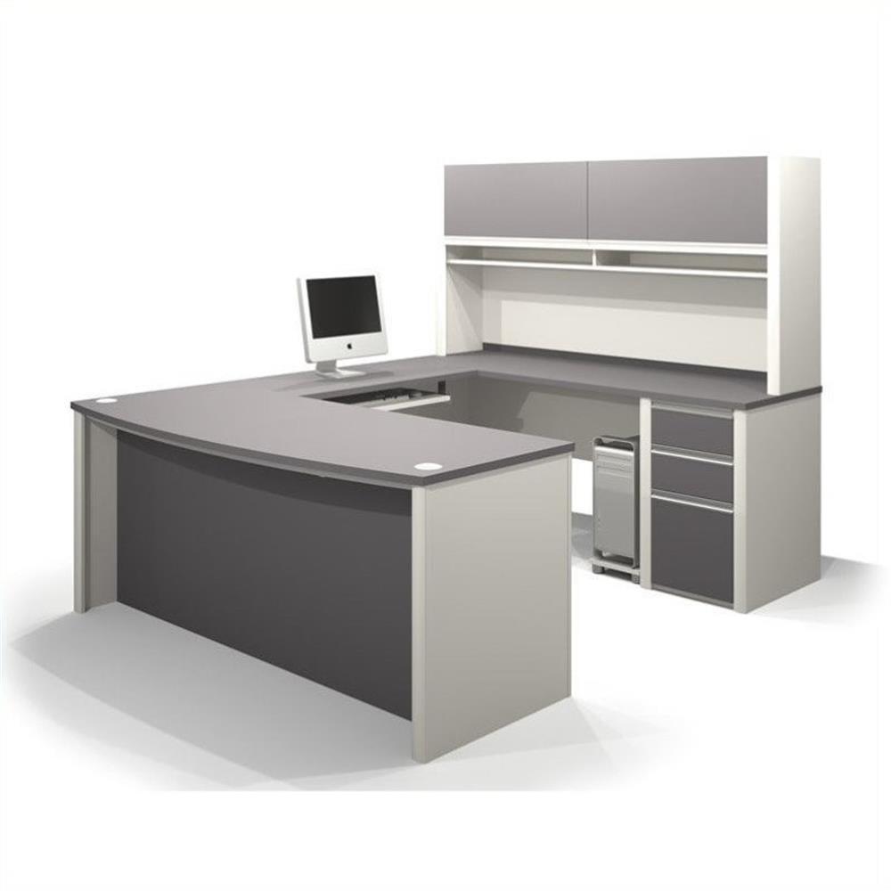 Gray U-Shaped Workstation with Hutch and Drawers