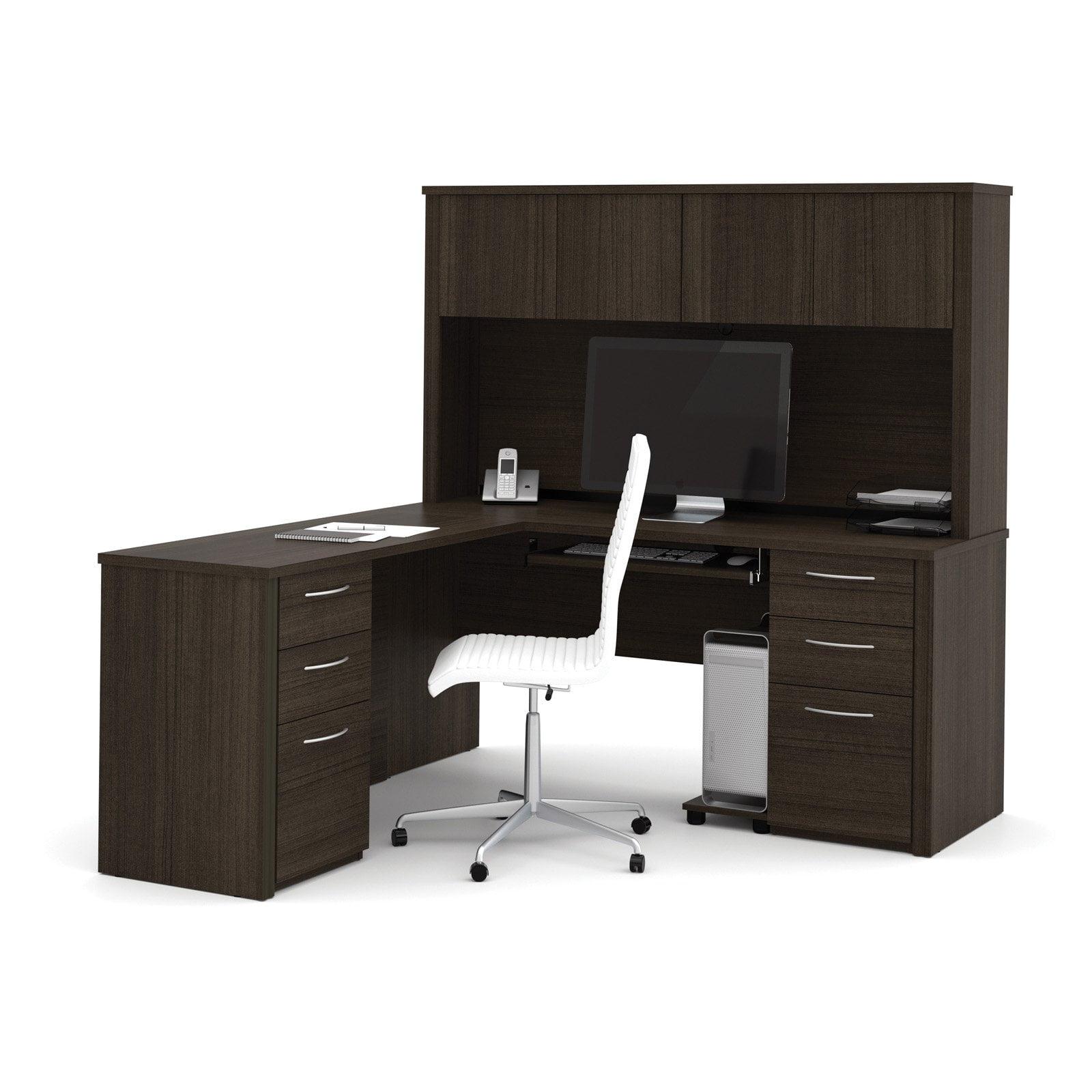 Executive 70'' Dark Chocolate Wood L-Shaped Desk with Hutch & Drawers