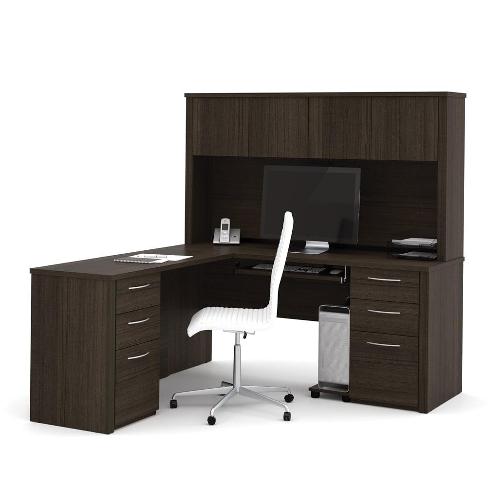 Executive 70'' Dark Chocolate Wood L-Shaped Desk with Hutch & Drawers