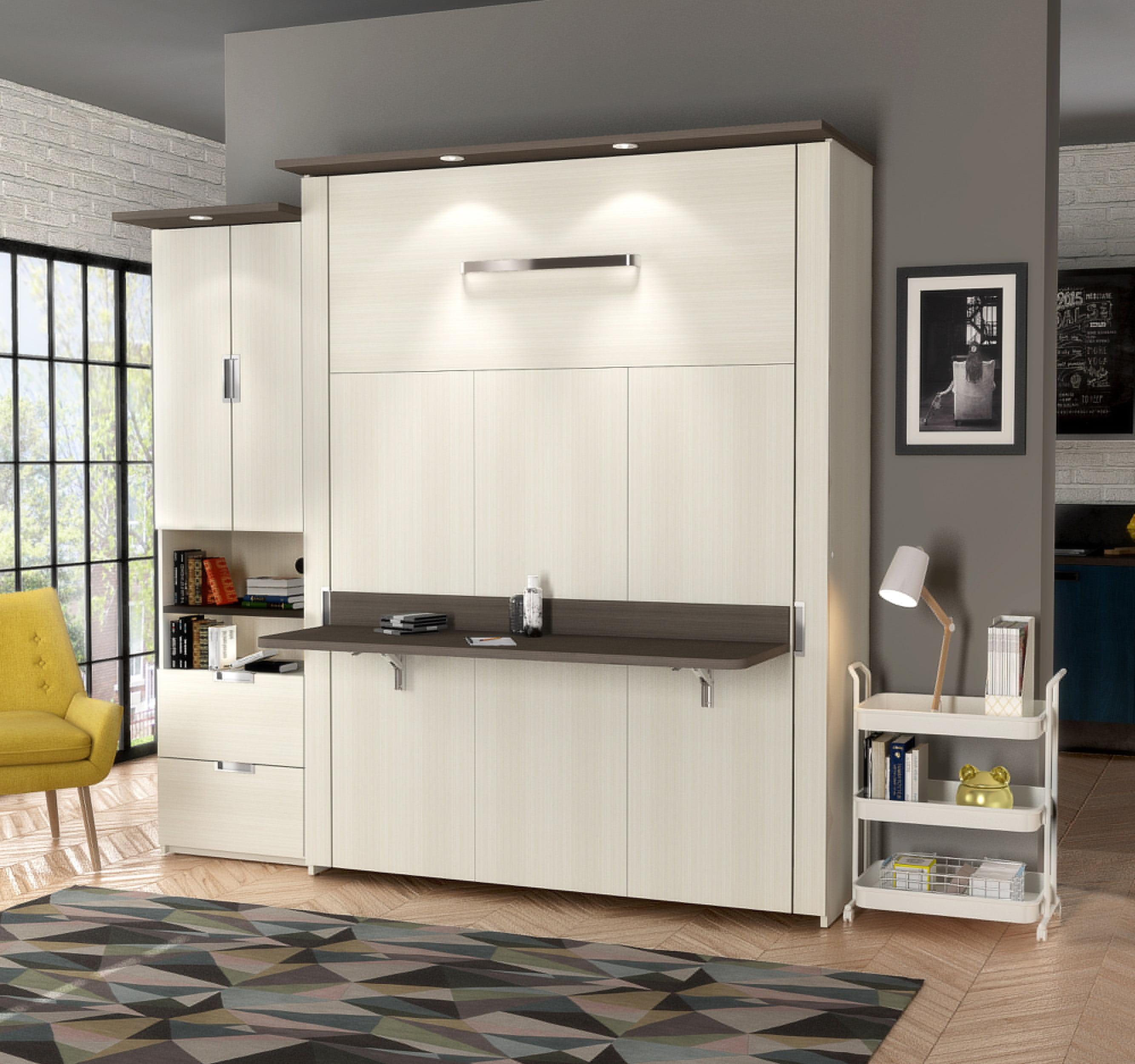 Bestar Lumina 2 Piece Queen Storage Wall Bed Set in White Chocolate