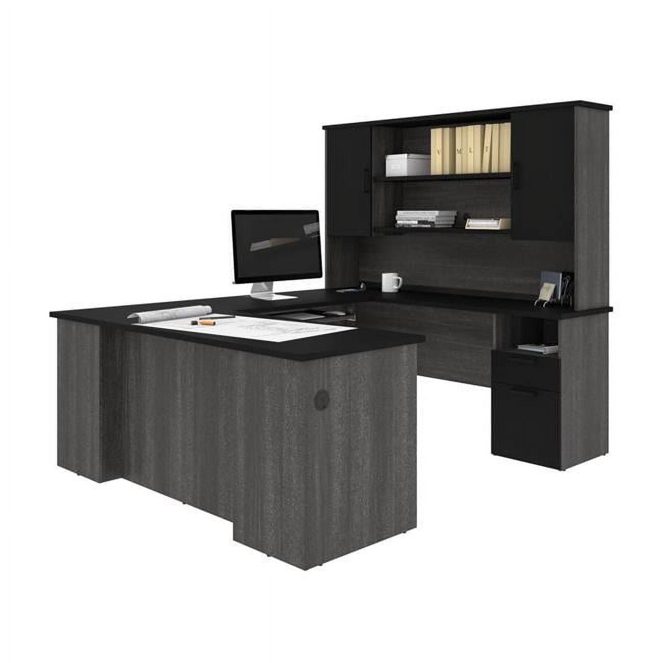 Black and Bark Gray Executive Corner Desk with Hutch and Power Outlets