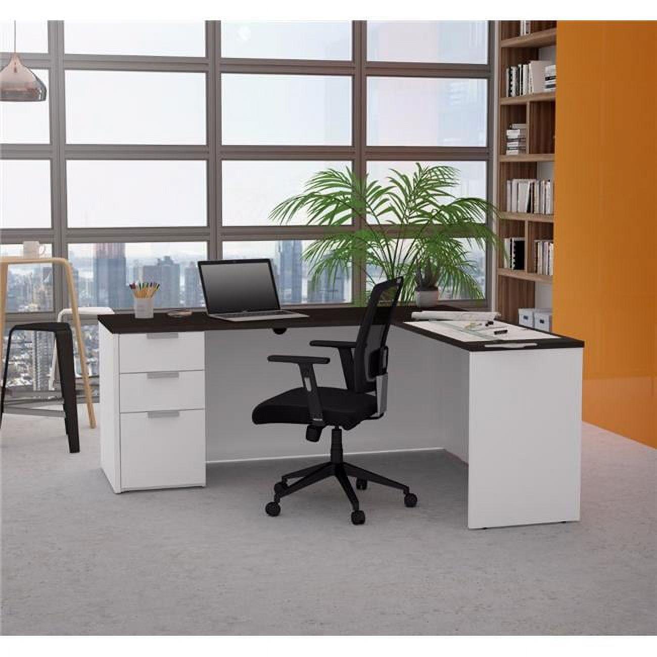 Modern Reversible L-Desk in White & Deep Gray with Filing Cabinet