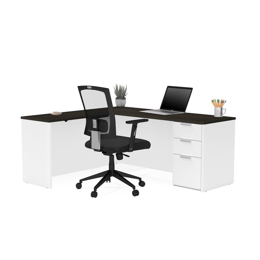 Modern Reversible L-Desk in White & Deep Gray with Filing Cabinet