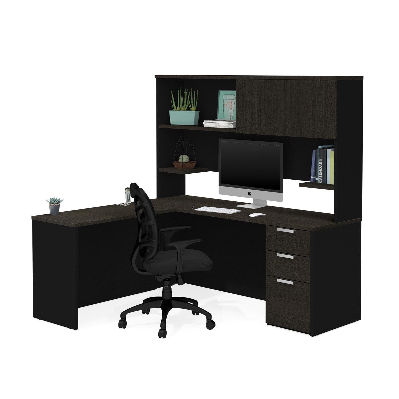 Gray and Black Wood Corner Computer Desk with Hutch and Drawers