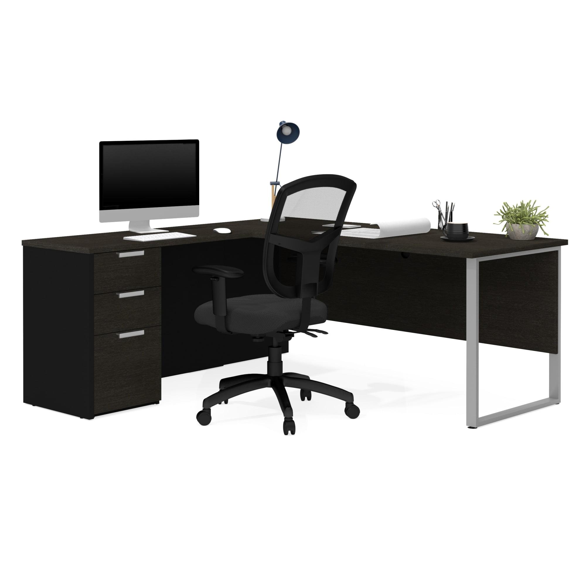 Contemporary Black Wood Corner Office Desk with Filing Cabinet