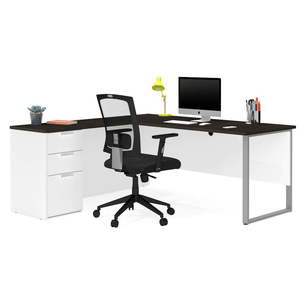 White and Deep Grey Corner Computer Desk with Filing Cabinet