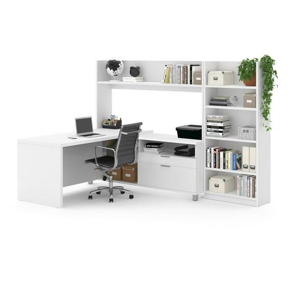 Bestar Pro-Linea L-Shaped Home Office Desk with Bookcase in White